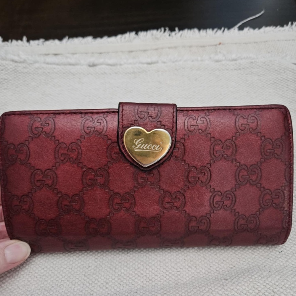 Auth GUCCI Long Wallet Lovely Heart Logo GG Patterned Issima Leather Bordeaux